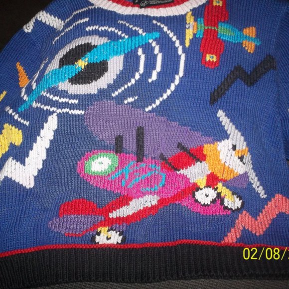 BEREK ONE OF A KIND, VINTAGE 1989 AIRPLANE SWEATER, PIMA COTTON KNITTED BY HAND - Picture 5 of 9